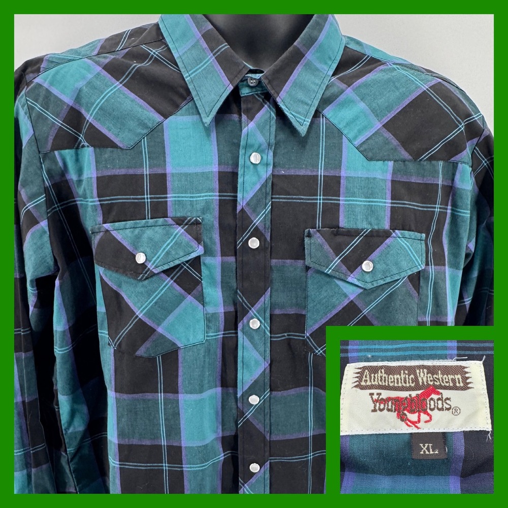 Youngbloods Western Shirt Mens XL Teal Plaid Pearl Snap‎ Long Sleeve Yoke